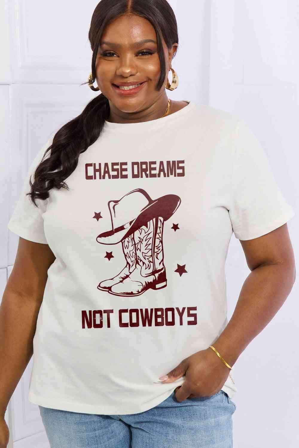 Simply Love Simply Love Full Size CHASE DREAMS NOT COWBOYS Graphic Cotton Tee - Tophatter Daily Deals