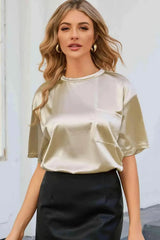 Double Take Round Neck Dropped Shoulder Top Cream Women's T-Shirts - Tophatter Daily Deals