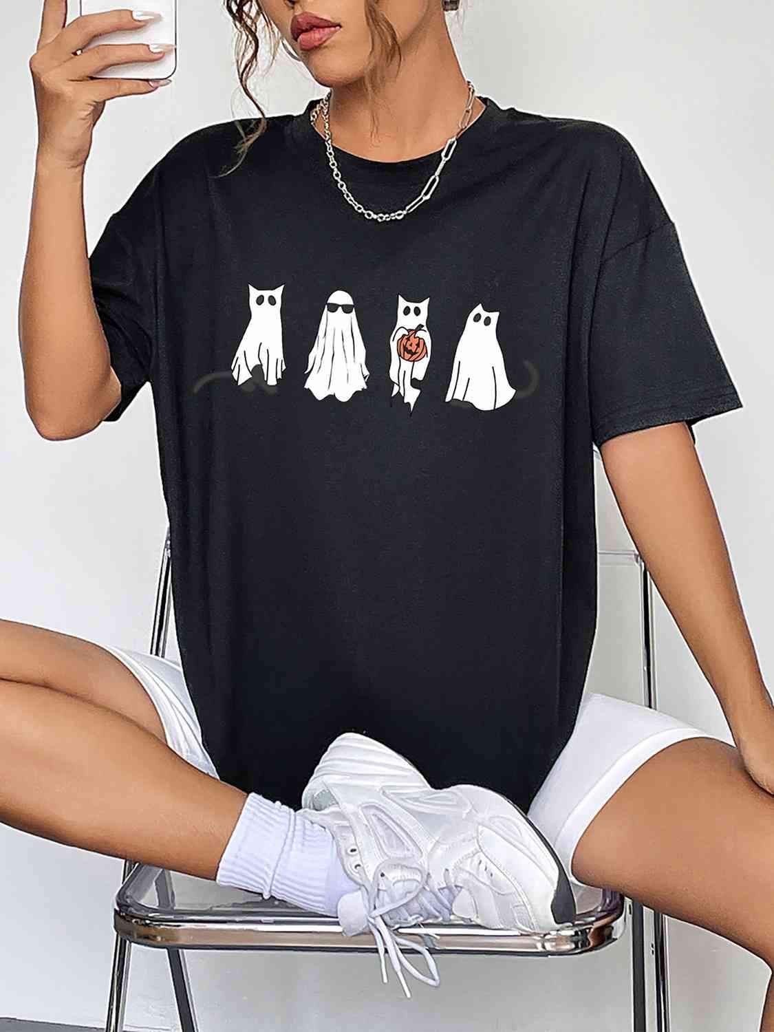 Round Neck Short Sleeve Ghost Graphic T-Shirt Black Women's T-Shirts - Tophatter Daily Deals