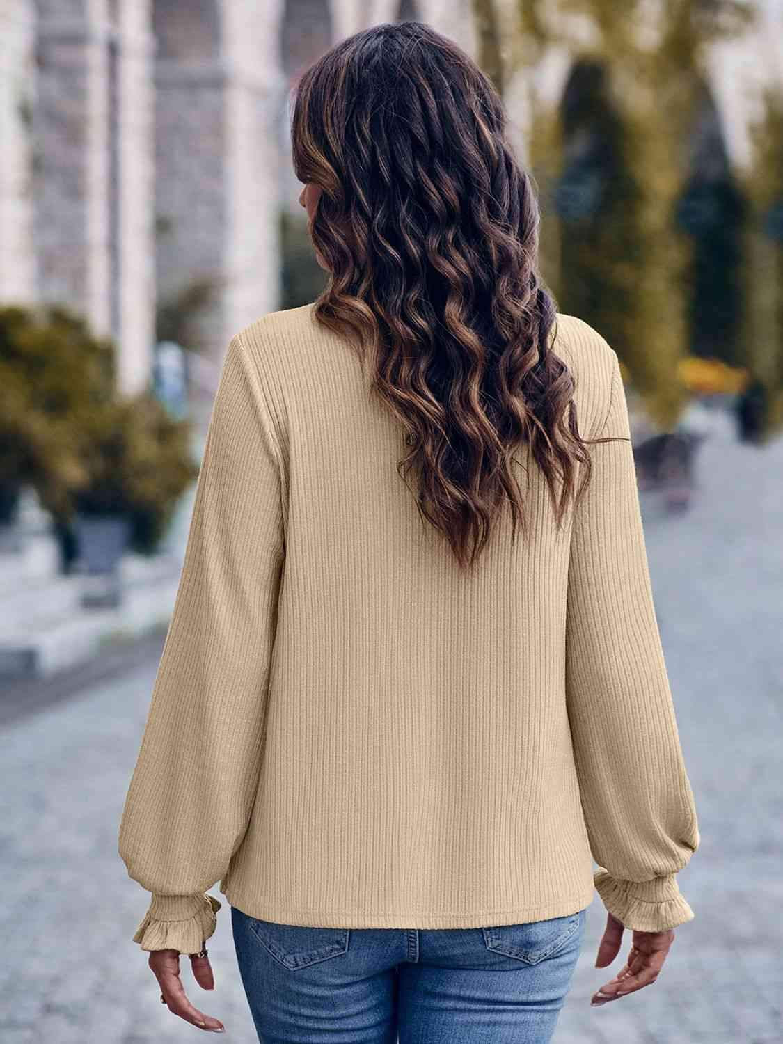 Ribbed Round Neck Flounce Sleeve Blouse Blouses - Tophatter Daily Deals