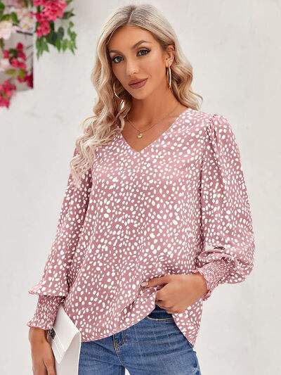 Printed V-Neck Lantern Sleeve Blouse Blouses - Tophatter Daily Deals