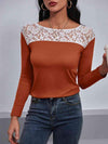 Lace Trim Long Sleeve Round Neck Tee Orange Women's T-Shirts - Tophatter Daily Deals