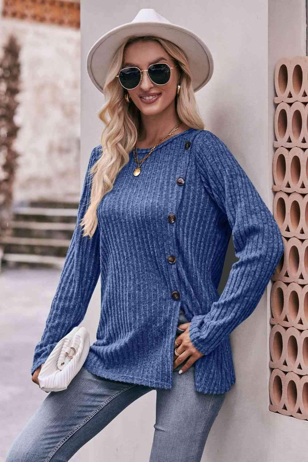 Double Take Ribbed Round Neck Buttoned Tee Women's T-Shirts - Tophatter Daily Deals