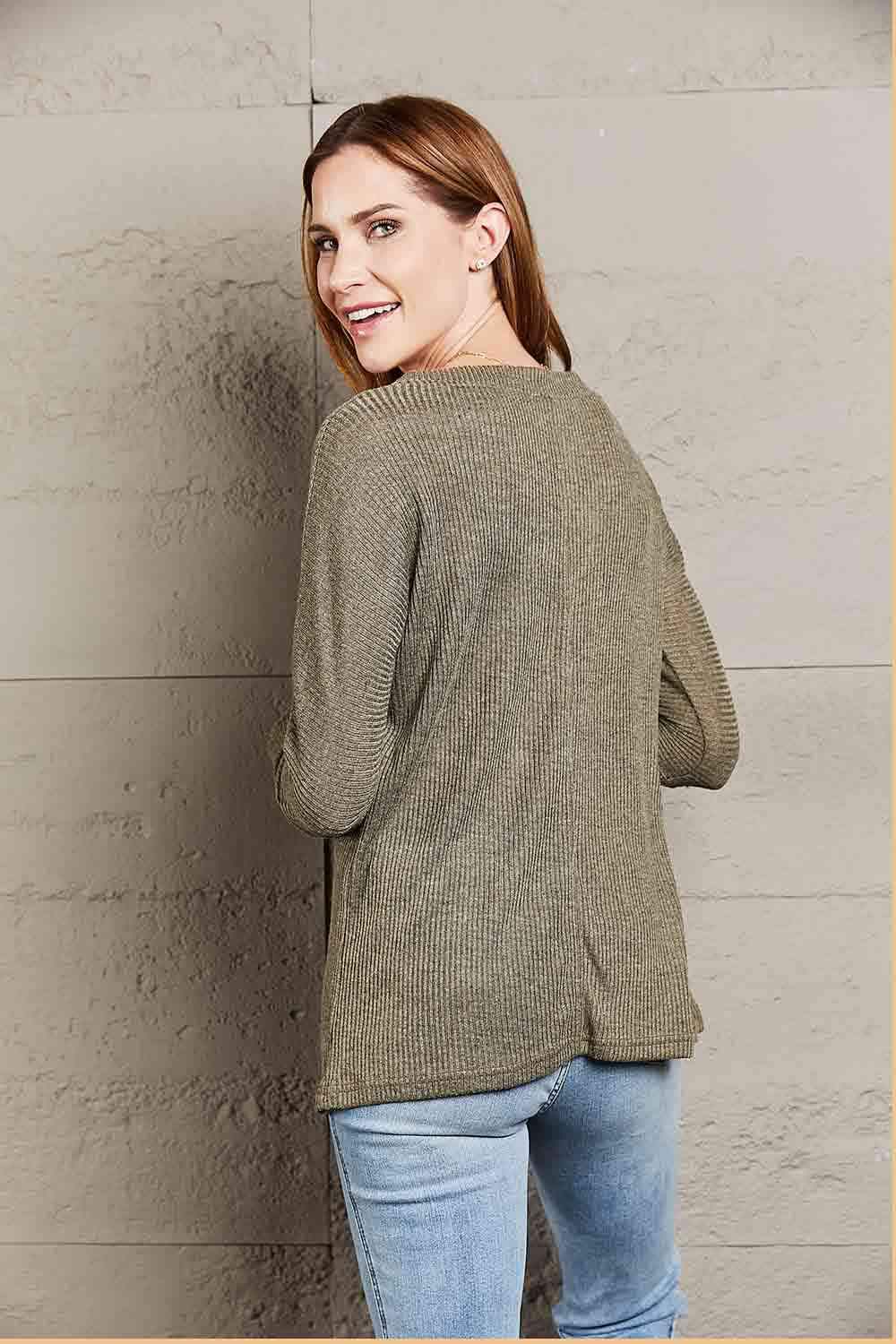 V-Neck Long Sleeve Ribbed Top Blouses - Tophatter Daily Deals