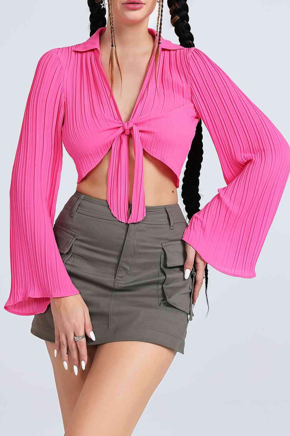 Tie Front Johnny Collar Flare Sleeve Cropped Top Blouses - Tophatter Daily Deals