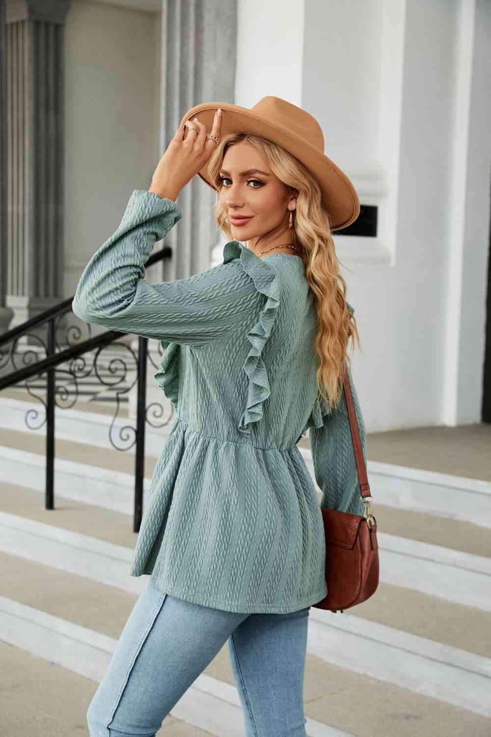 Round Neck Ruffled Peplum Blouse Blouses - Tophatter Daily Deals