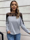 Lace Long Sleeve Round Neck Tee Charcoal Women's T-Shirts - Tophatter Daily Deals