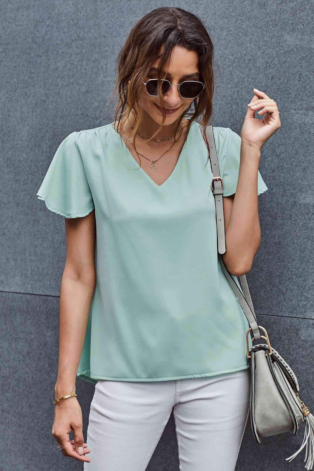 V-Neck Flutter Sleeve Blouse Blouses - Tophatter Daily Deals