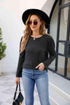 Round Neck Long Sleeve Ribbed Blouse Blouses - Tophatter Daily Deals