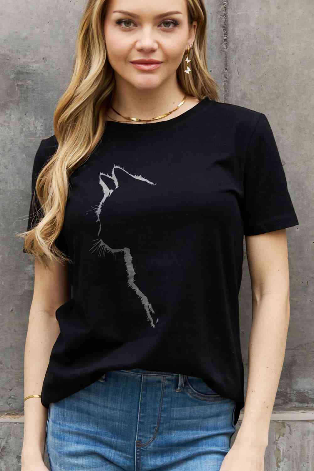 Simply Love Full Size Cat Graphic Cotton Tee Black Women's T-Shirts - Tophatter Daily Deals