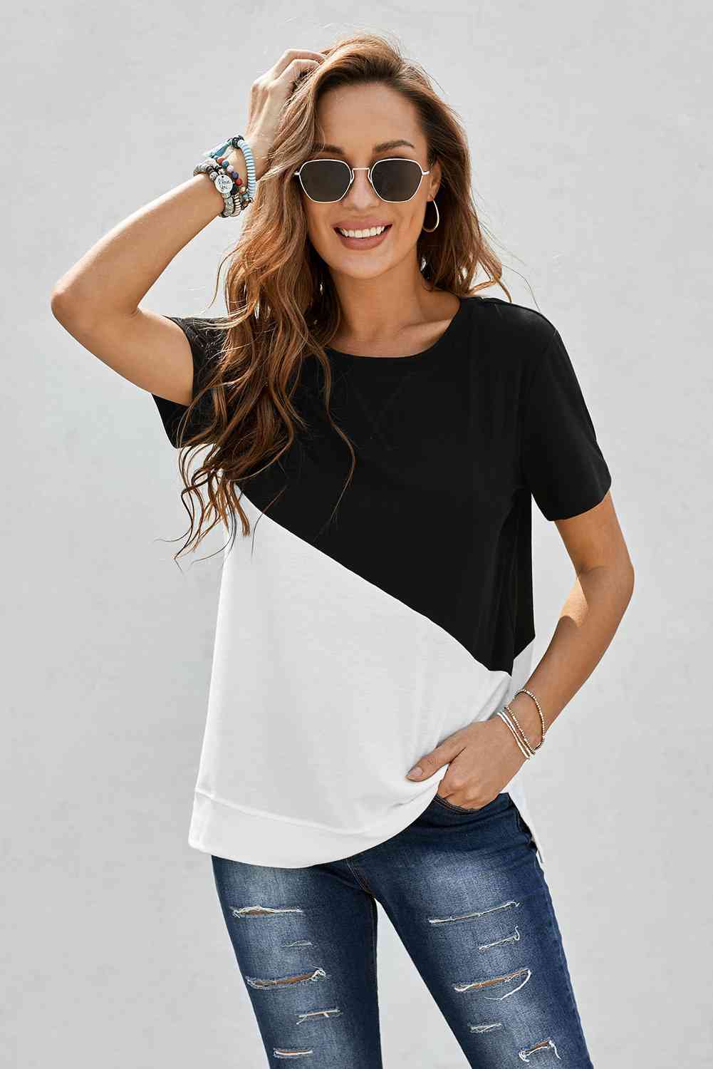 Two-Tone Round Neck Tee Women's T-Shirts - Tophatter Daily Deals