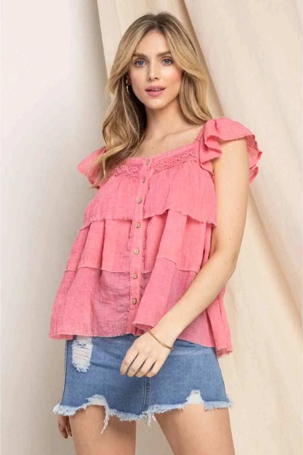 ODDI Full Size Buttoned Ruffled Top Strawberry Blouses - Tophatter Daily Deals