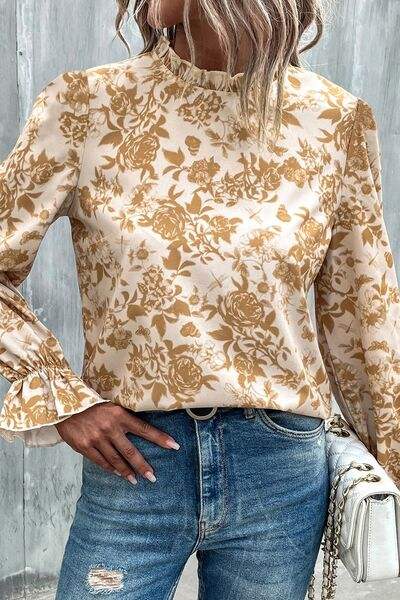 Floral Print Mock Neck Flounce Sleeve Blouse Honey Blouses - Tophatter Daily Deals