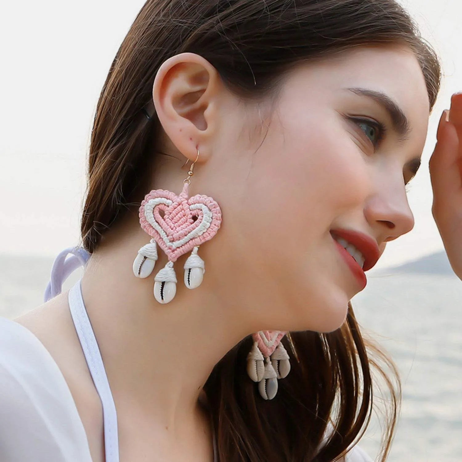 Cotton Thread Shell Heart Dangle Earrings Blush Pink One Size Earrings - Tophatter Daily Deals