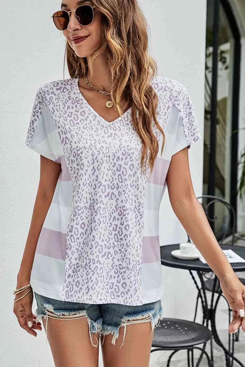 Leopard Striped V-Neck Tee Shirt Women's T-Shirts - Tophatter Daily Deals