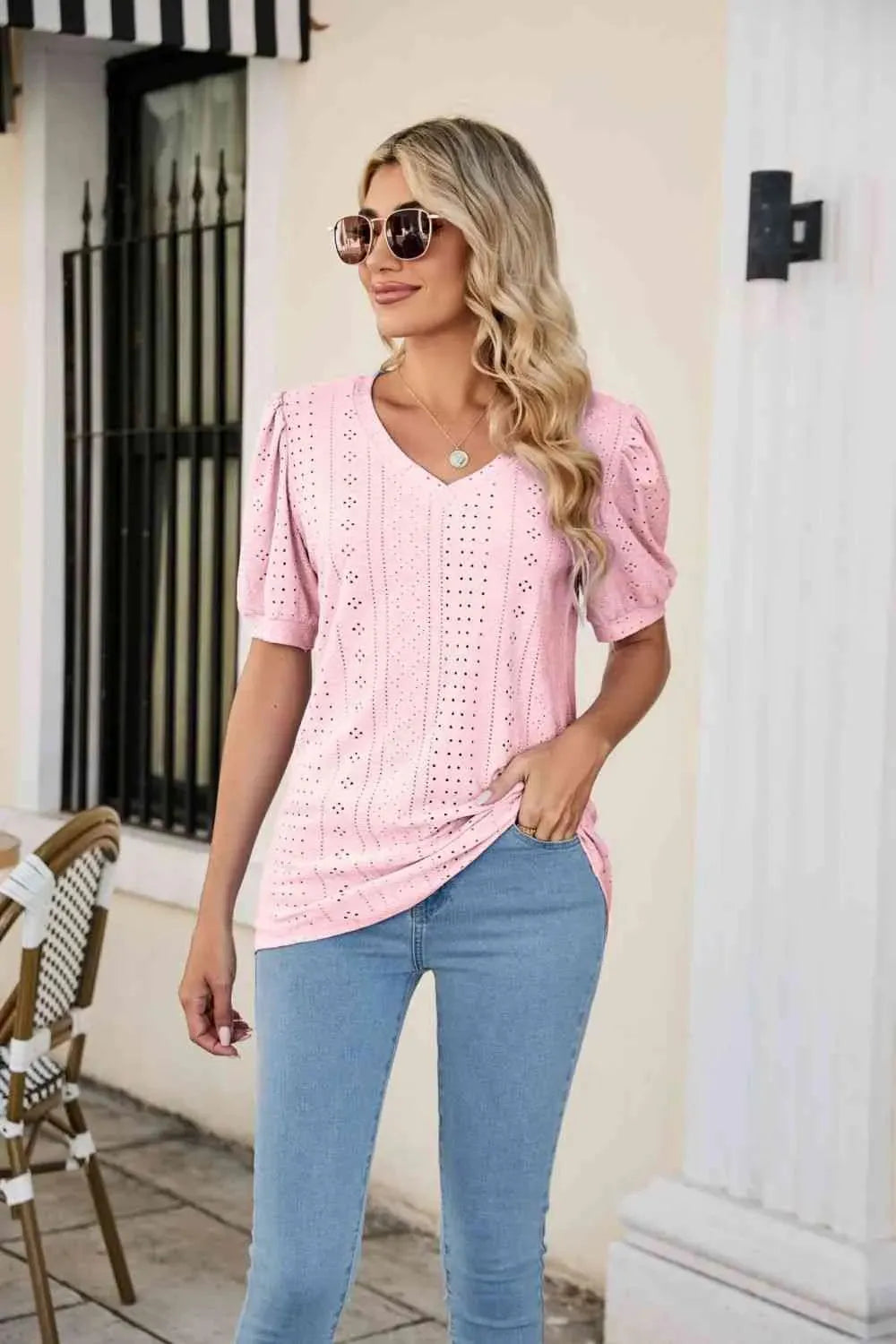 Eyelet Puff Sleeve V-Neck Top Blouses - Tophatter Daily Deals