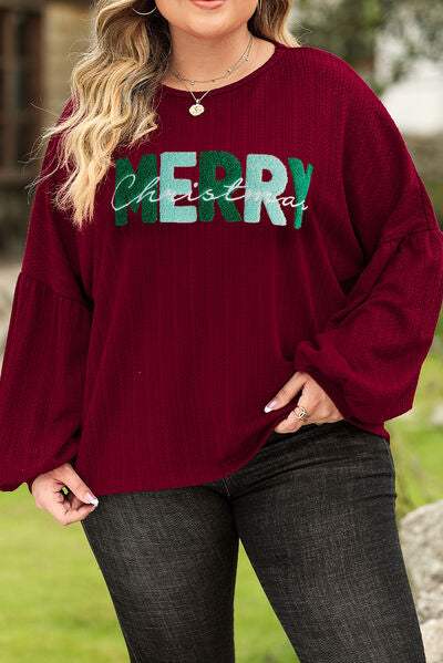 Plus Size MERRY CHRISTMAS Round Neck Long Sleeve Top Wine Blouses - Tophatter Daily Deals