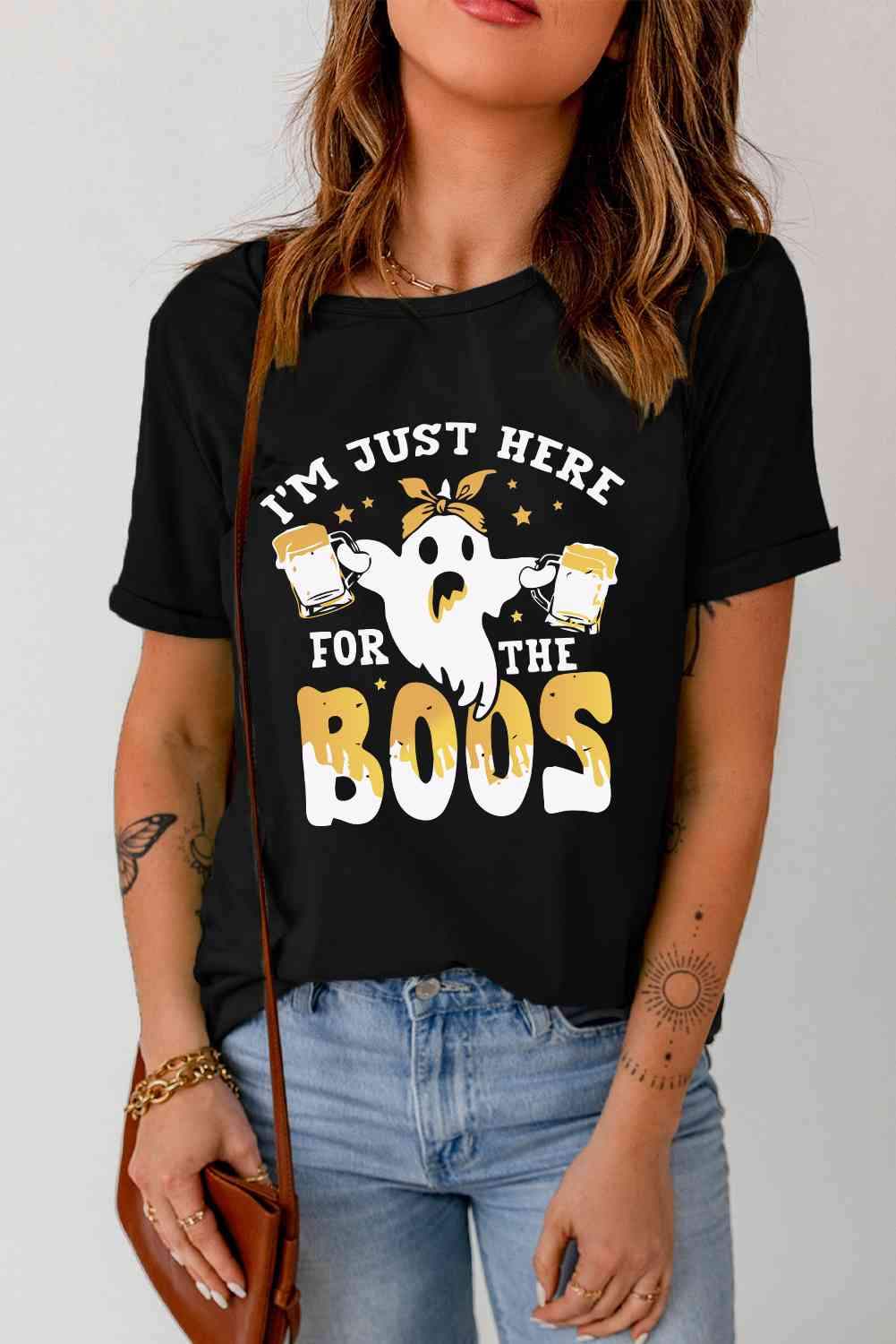 Round Neck Short Sleeve Ghost Graphic T-Shirt Black Women's T-Shirts - Tophatter Daily Deals