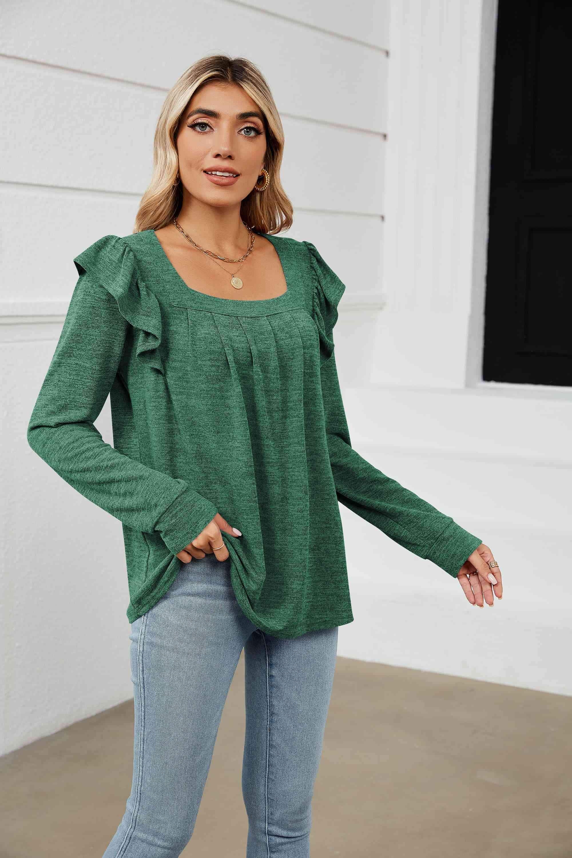 Square Neck Ruffle Shoulder Long Sleeve T-Shirt Women's T-Shirts - Tophatter Daily Deals