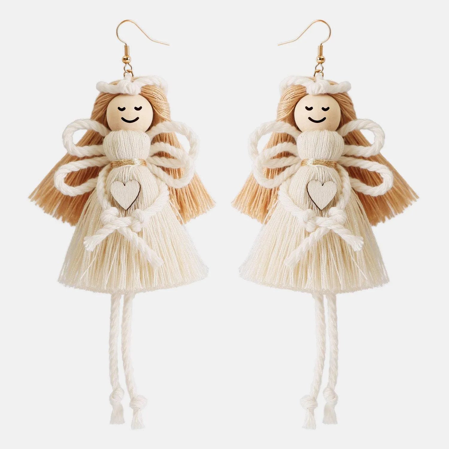 Wood Cotton Cord Brass Angel Dangle Earrings Cream One Size Earrings - Tophatter Daily Deals
