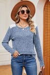 Eyelet Ribbed Round Neck Long Sleeve T-Shirt Women's T-Shirts - Tophatter Daily Deals