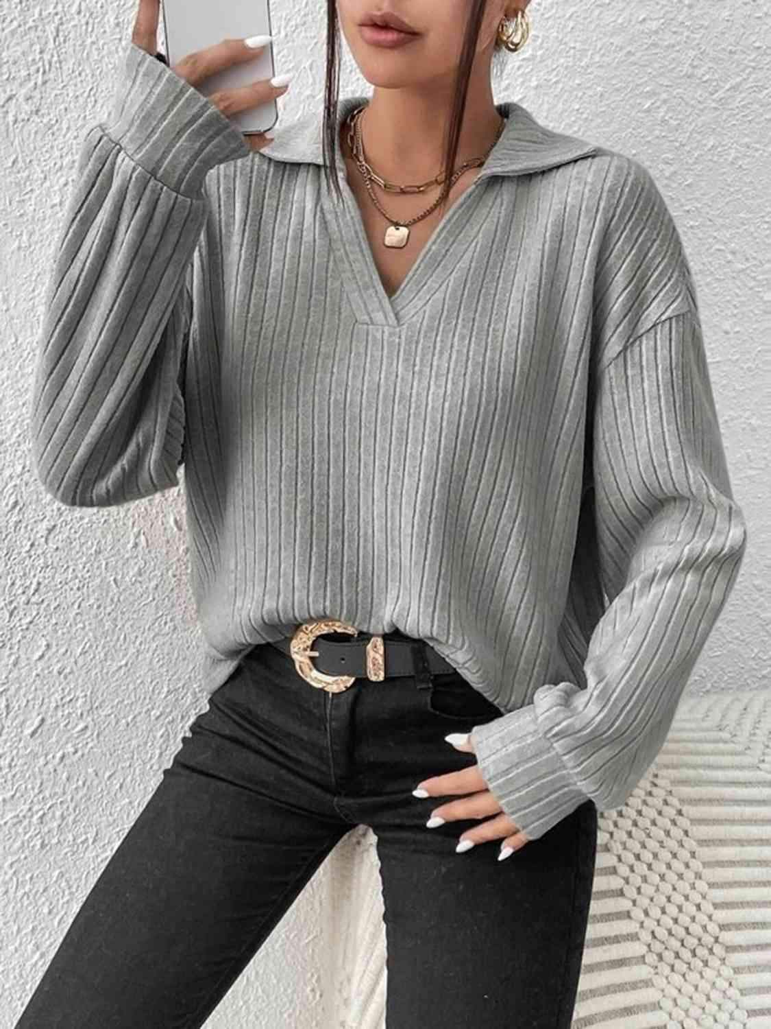 Johnny Collar Ribbed Top Blouses - Tophatter Daily Deals