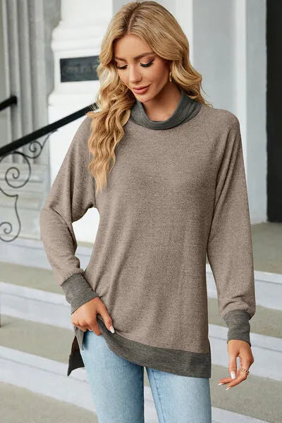 Slit Mock Neck Long Sleeve T-Shirt Mocha Women's T-Shirts - Tophatter Daily Deals