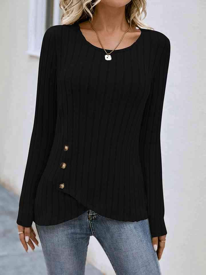 Buttoned Tulip Hem Long Sleeve T-Shirt Women's T-Shirts - Tophatter Daily Deals