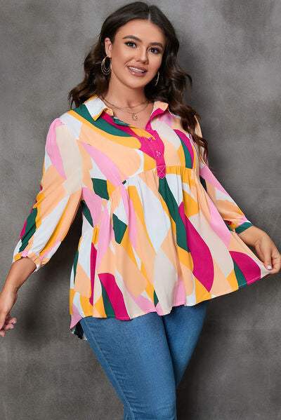 Plus Size Printed Collared Neck Half Button Top Blouses - Tophatter Daily Deals