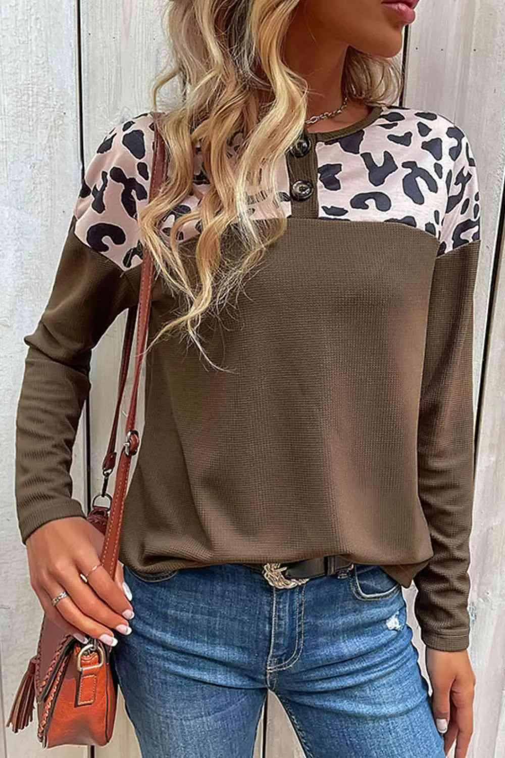 Leopard Buttoned Round Neck Drop Shoulder Top Blouses - Tophatter Daily Deals