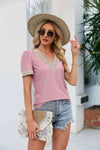 Contrast V-Neck Puff Sleeve Top Blush Pink Blouses - Tophatter Daily Deals