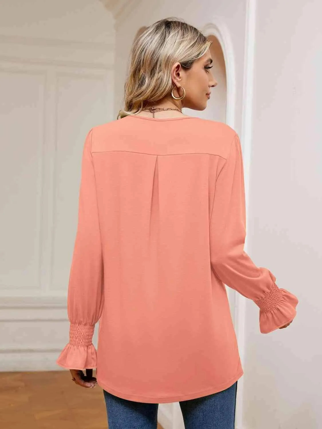 V-Neck Flounce Sleeve Blouse Blouses - Tophatter Daily Deals