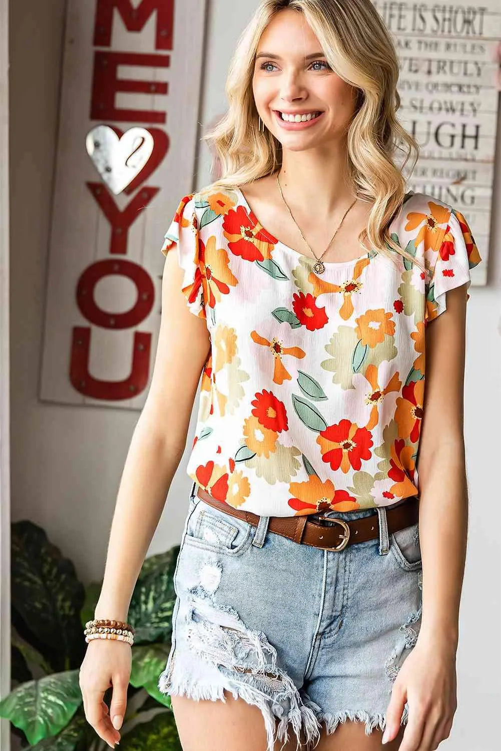 Floral Flutter Sleeve Round Neck Blouse Blouses - Tophatter Daily Deals