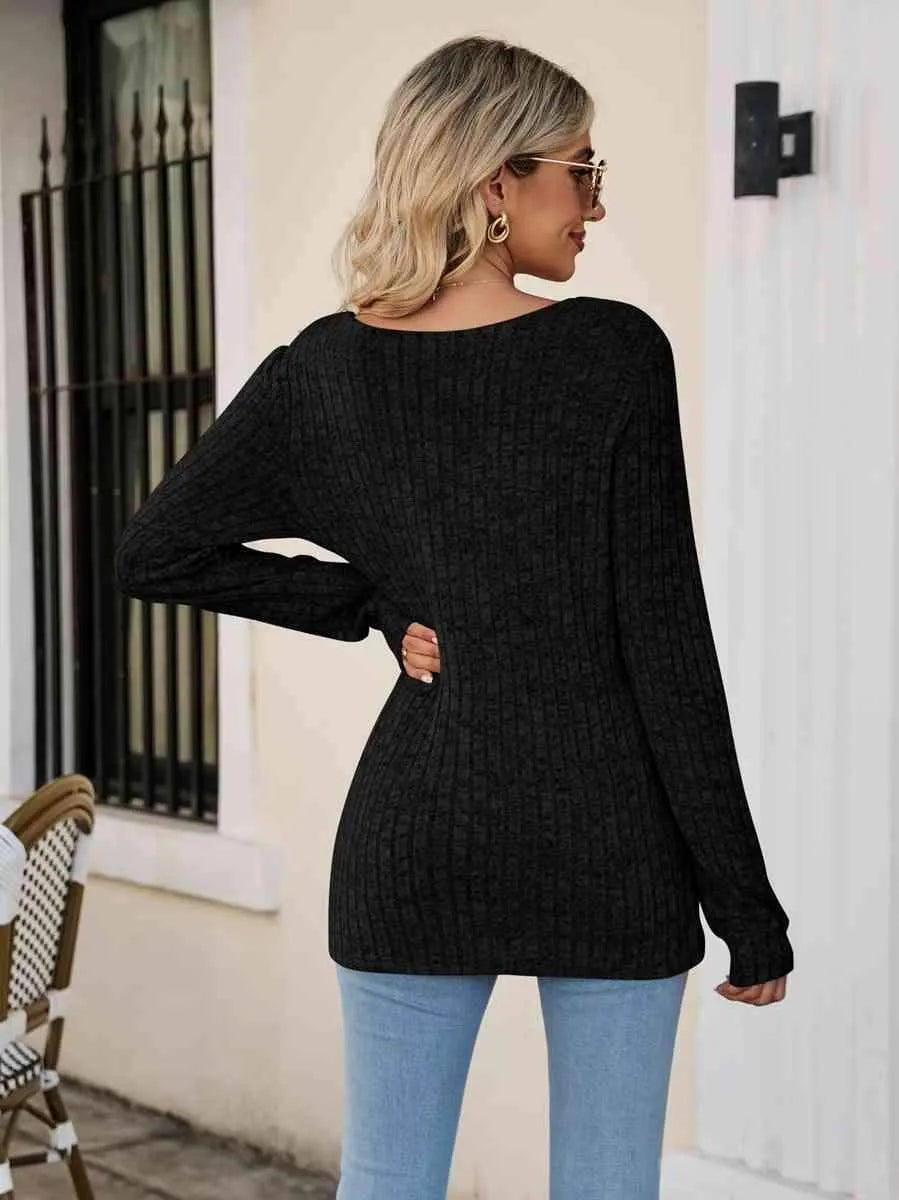 Square Neck Ribbed Long Sleeve T-Shirt Women's T-Shirts - Tophatter Daily Deals