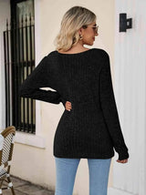 Square Neck Ribbed Long Sleeve T-Shirt Women's T-Shirts - Tophatter Daily Deals