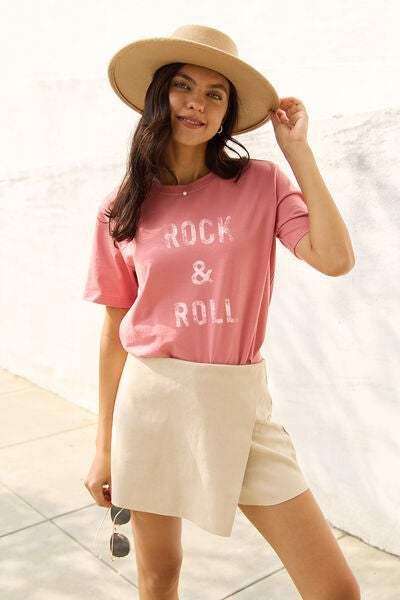 Simply Love Full Size ROCK & ROLL Short Sleeve T-Shirt Burnt Coral Women's T-Shirts - Tophatter Daily Deals