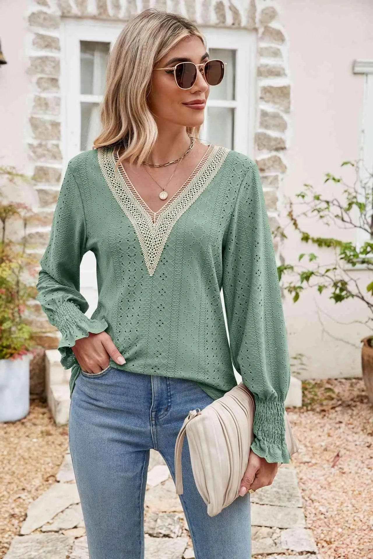 Eyelet V-Neck Smocked Flounce Sleeve Blouse Gum Leaf Blouses - Tophatter Daily Deals