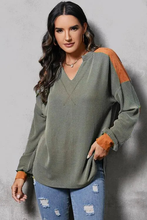 Striped Notched Long Sleeve Blouse Blouses - Tophatter Daily Deals