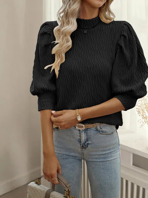 Texture Ruff Sleeve Mock Neck Blouse Blouses - Tophatter Daily Deals