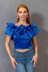 Cropped Ruffle Boat Neck Short Sleeve Blouse Royal Blue Blouses - Tophatter Daily Deals