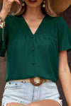 Buttoned Flutter Sleeve V-Neck Blouse Blouses - Tophatter Daily Deals