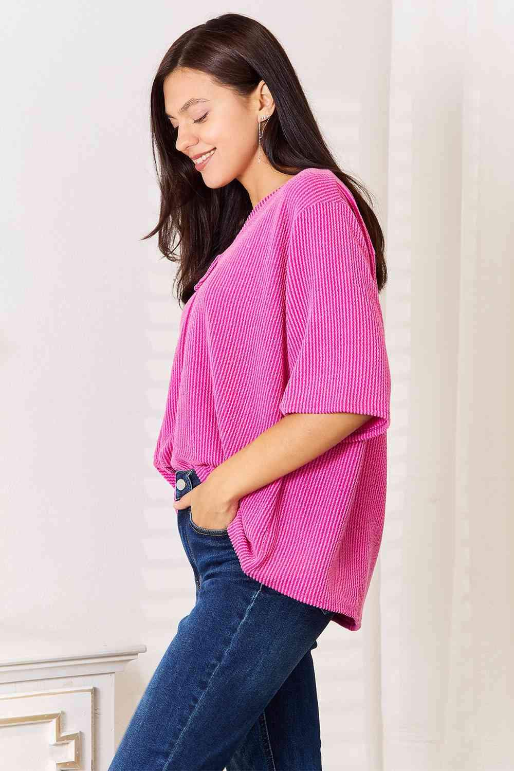 Sew In Love Full Size Ribbed V-Neck Short Sleeve Top Blouses - Tophatter Daily Deals