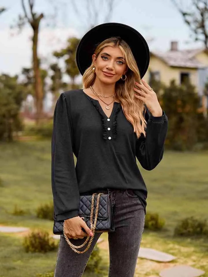 Puff Sleeve Ruffle Trim Blouse Black Blouses - Tophatter Daily Deals