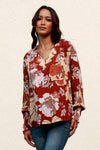 Floral V-Neck Smocked Lantern Sleeve Blouse Chestnut Blouses - Tophatter Daily Deals