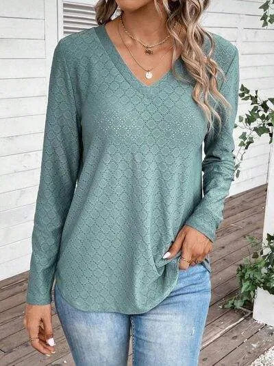 Eyelet V-Neck Long Sleeve T-Shirt Air Force Blue Women's T-Shirts - Tophatter Daily Deals
