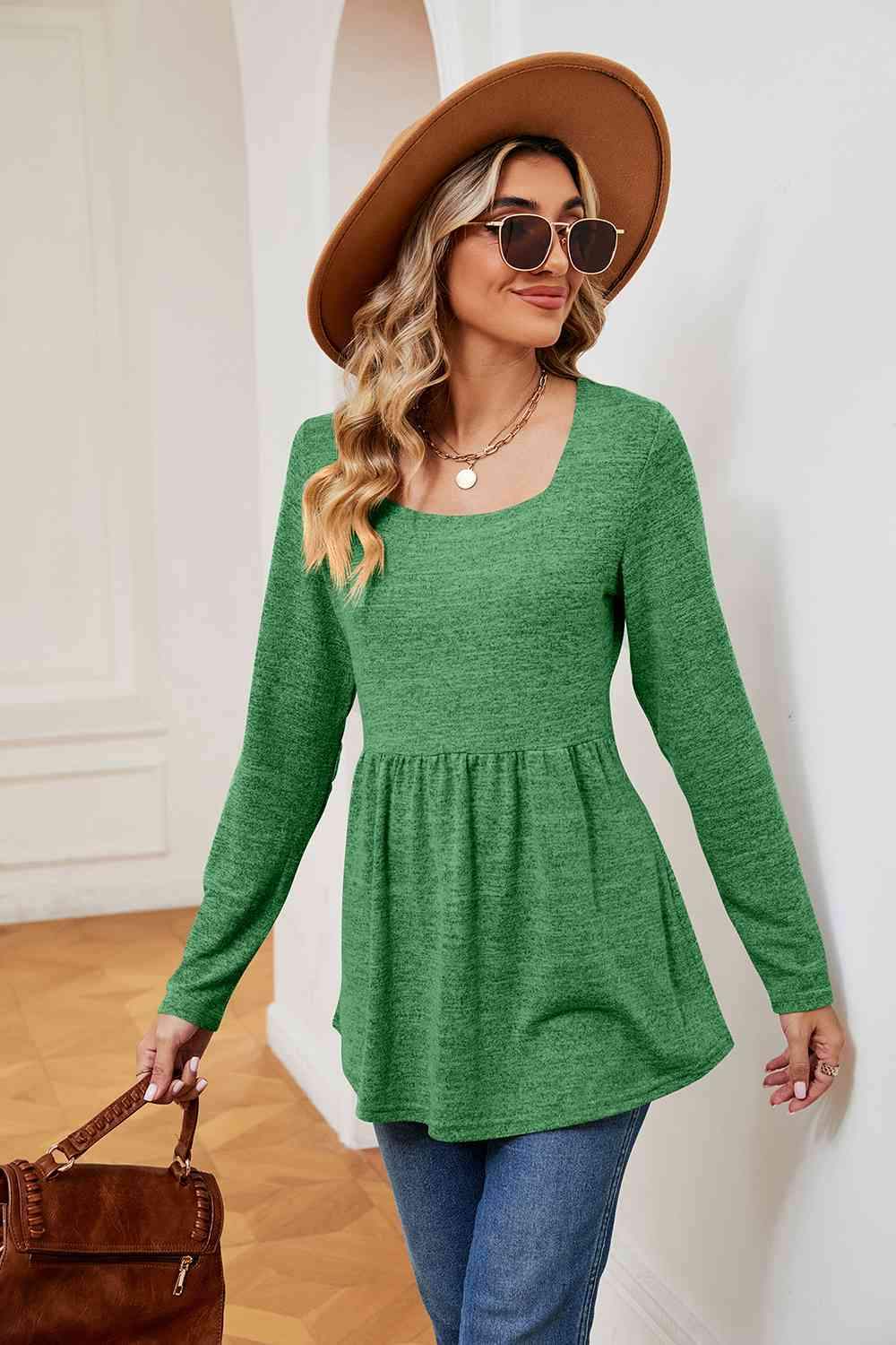 Square Neck Long Sleeve Peplum Top Women's T-Shirts - Tophatter Daily Deals