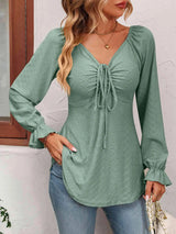 Tie Front V-Neck Puff Sleeve Blouse Gum Leaf Blouses - Tophatter Daily Deals