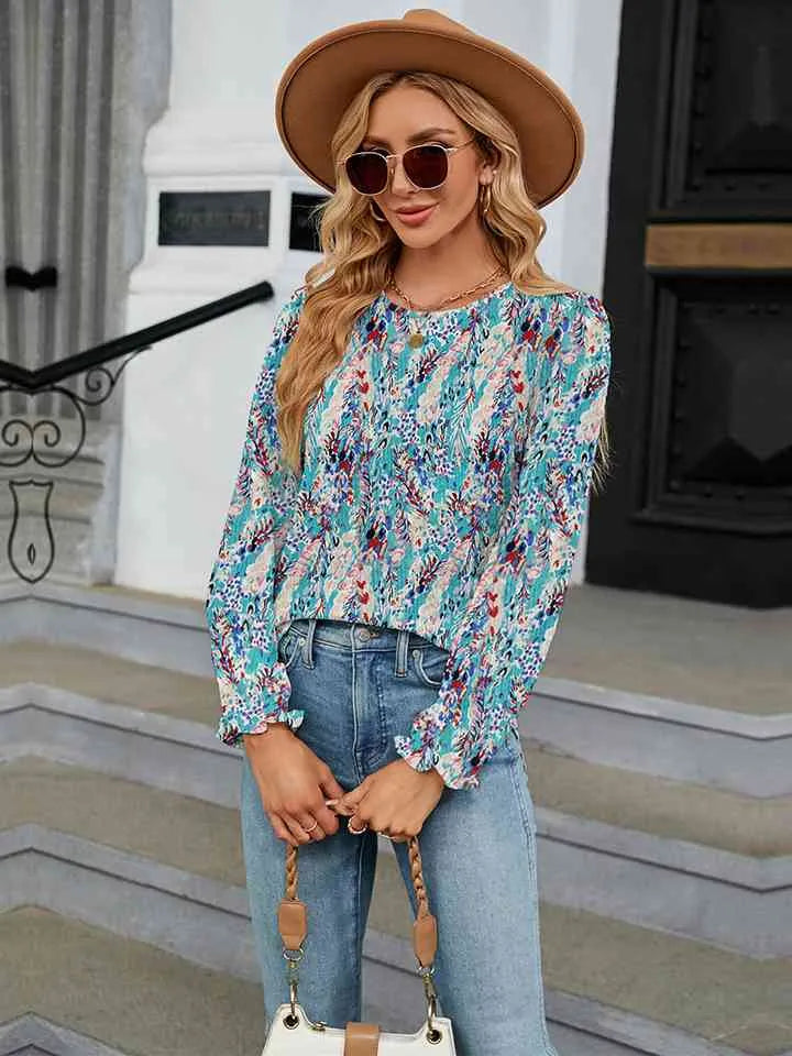 Printed Round Neck Flounce Sleeve Blouse Women's T-Shirts - Tophatter Daily Deals