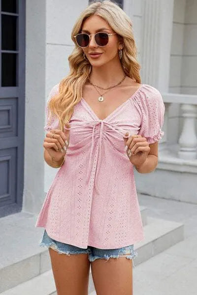 Eyelet Drawstring Short Sleeve T-Shirt Blush Pink Women's T-Shirts - Tophatter Daily Deals
