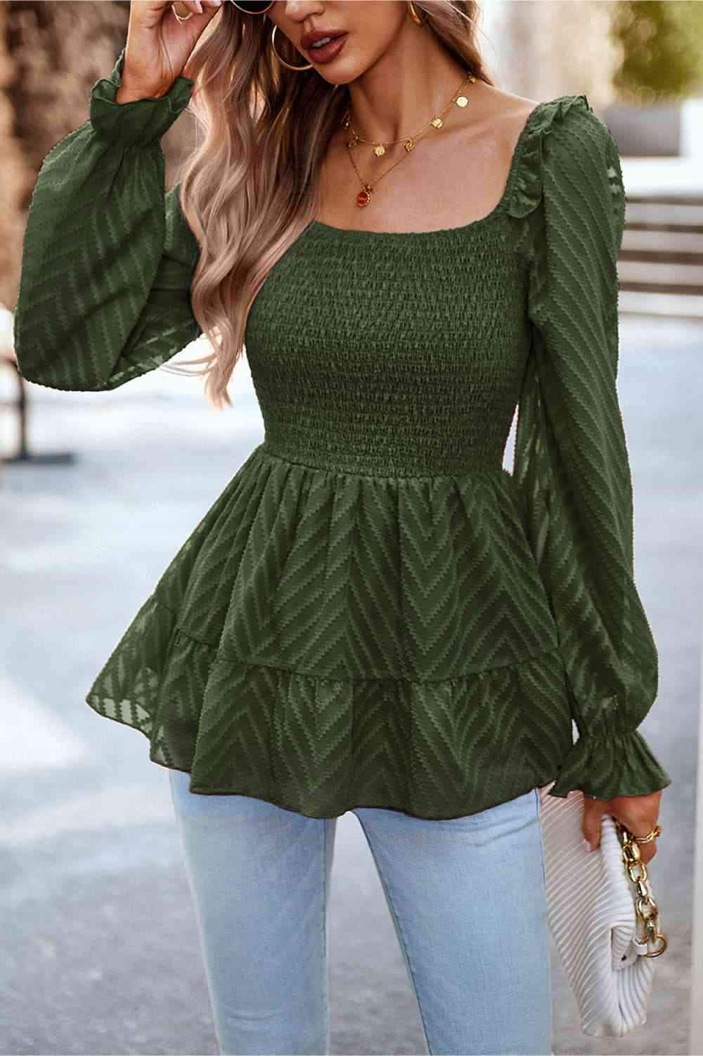 Square Neck Flounce Sleeve Peplum Top Army Green Blouses - Tophatter Daily Deals